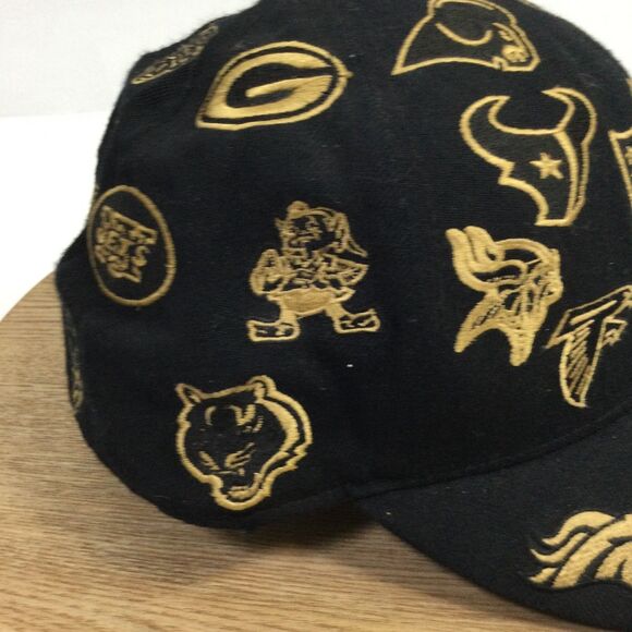 Reebok NFL All Over Team Logos Fitted Baseball Hat Black Gold Size 7 1/4 - Picture 9 of 16